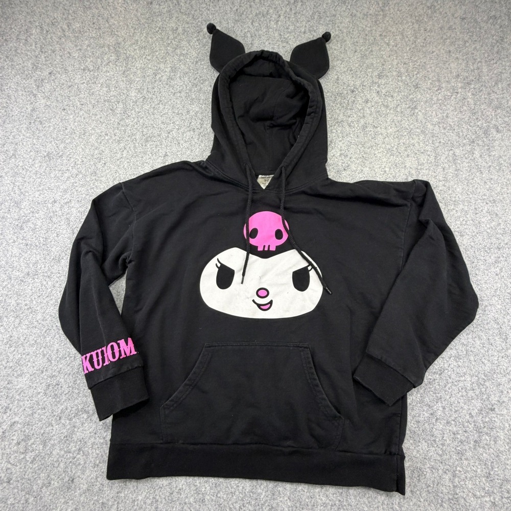 Hot Topic Kuromi Black Hoodie 3D Ears Pink Graphic Pullover Medium Fading